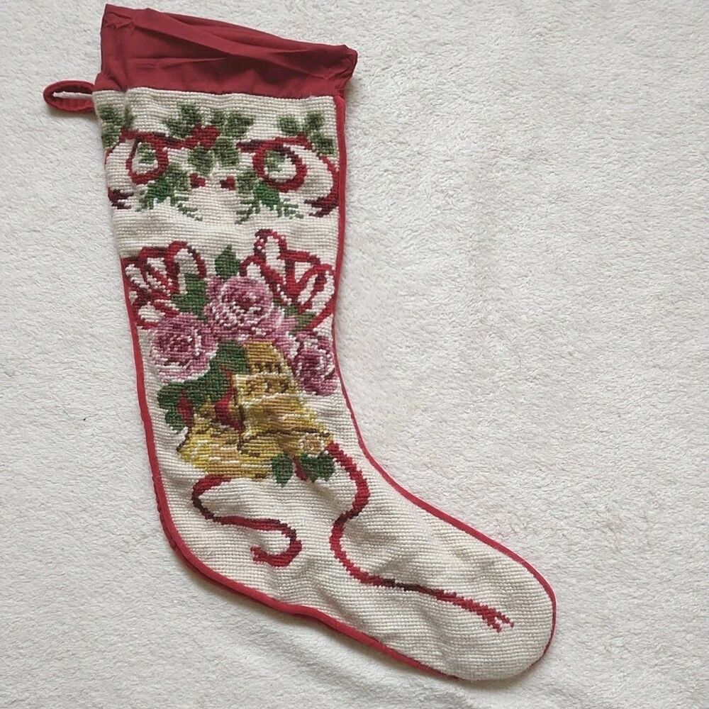 Vtg Christmas Stocking Needle Petit Point Embroidered Velvet Red Cream Bell